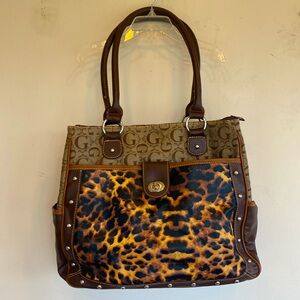 Women Large 12”H X 15”W Vegan Leather Brown/Gold Animal Print & G initial Purse